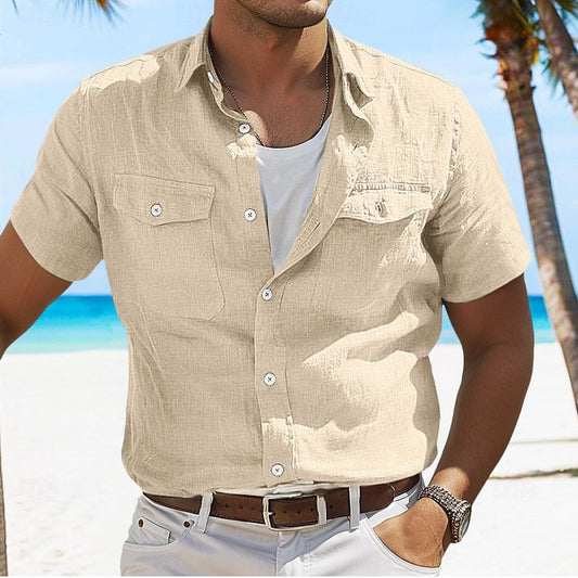 Men's Linen Summer Shirt - Solid Color Polo Collar