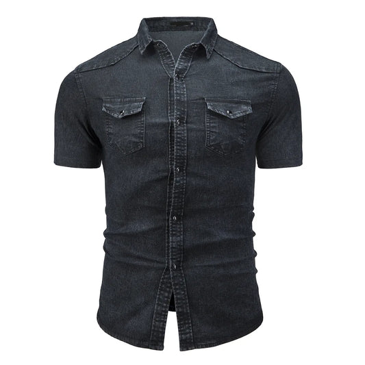 **"Men’s Slim Fit Denim Shirt – Short Sleeve Cowboy Top"**