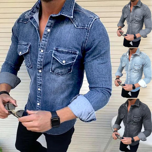 Vintage Solid Color Men Washed Denim Shirt 2025 Autumn Causal Full Sleeve Turn Down Collar Single Breasted Multi Pockets Coat