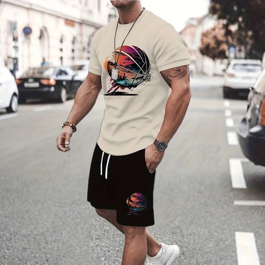 Men’s 2-Piece Set – 3D Cartoon Rabbit Print T-Shirt & Shorts | Summer Streetwear