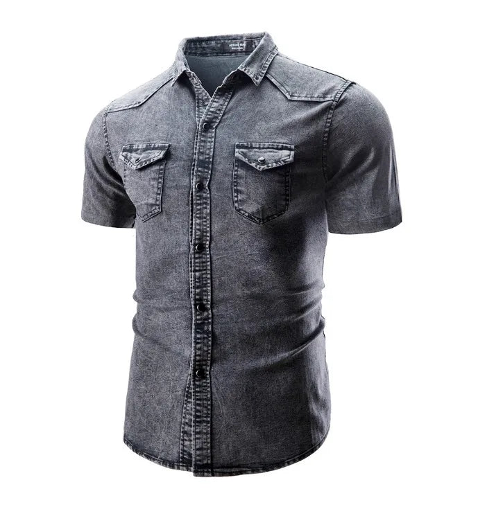 **"Men’s Slim Fit Denim Shirt – Short Sleeve Cowboy Top"**