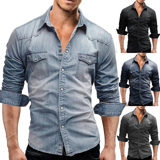Shirts Men Tops Shirt Solid Turn Down Collar Full Sleeve Single Breasted Simple Slim Fit Button Casual Splice Regular Top