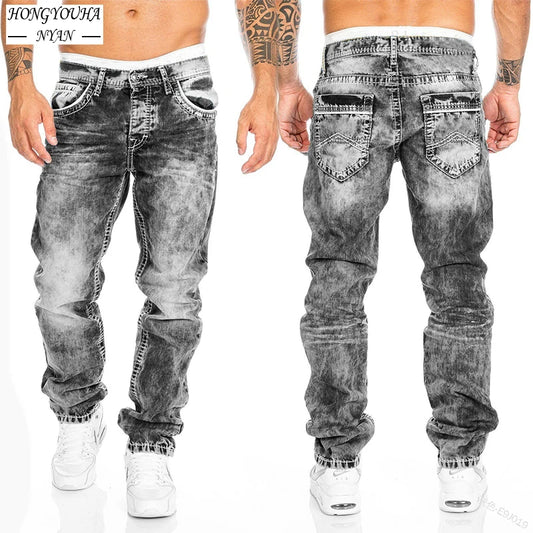 Fashion Men Pants Washed Stretch Straight Jeans Loose Cacual Designer Long Denim Pants Trousers Hip Hop Slim Fit Punk Trousers