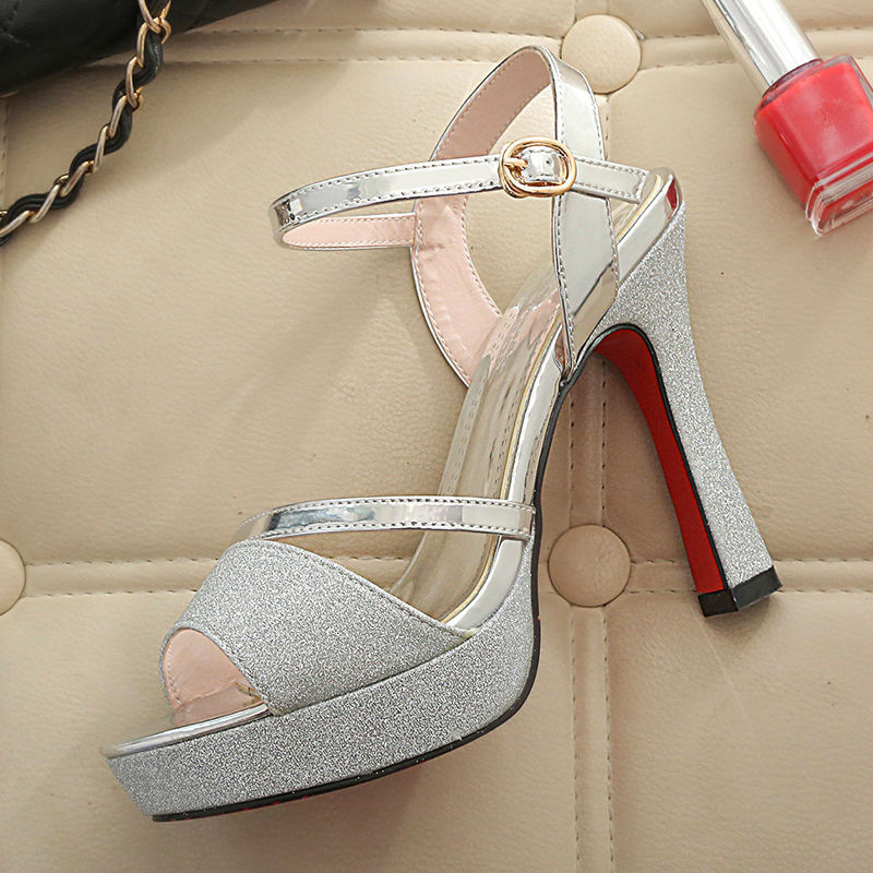 Metallic Fish-Mouth Heeled Sandals for Women