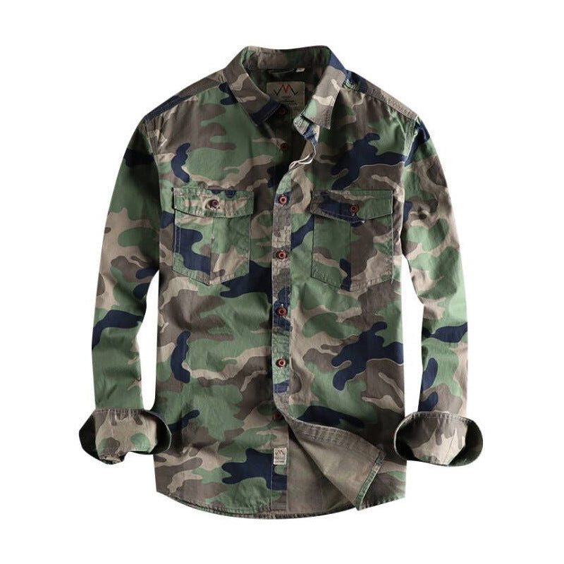 Washed Camouflage American Overalls Long Sleeve Shirt Men