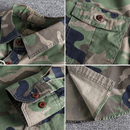 Washed Camouflage American Overalls Long Sleeve Shirt Men