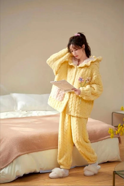 Thick Flannel Warm Loungewear Pajamas Suit