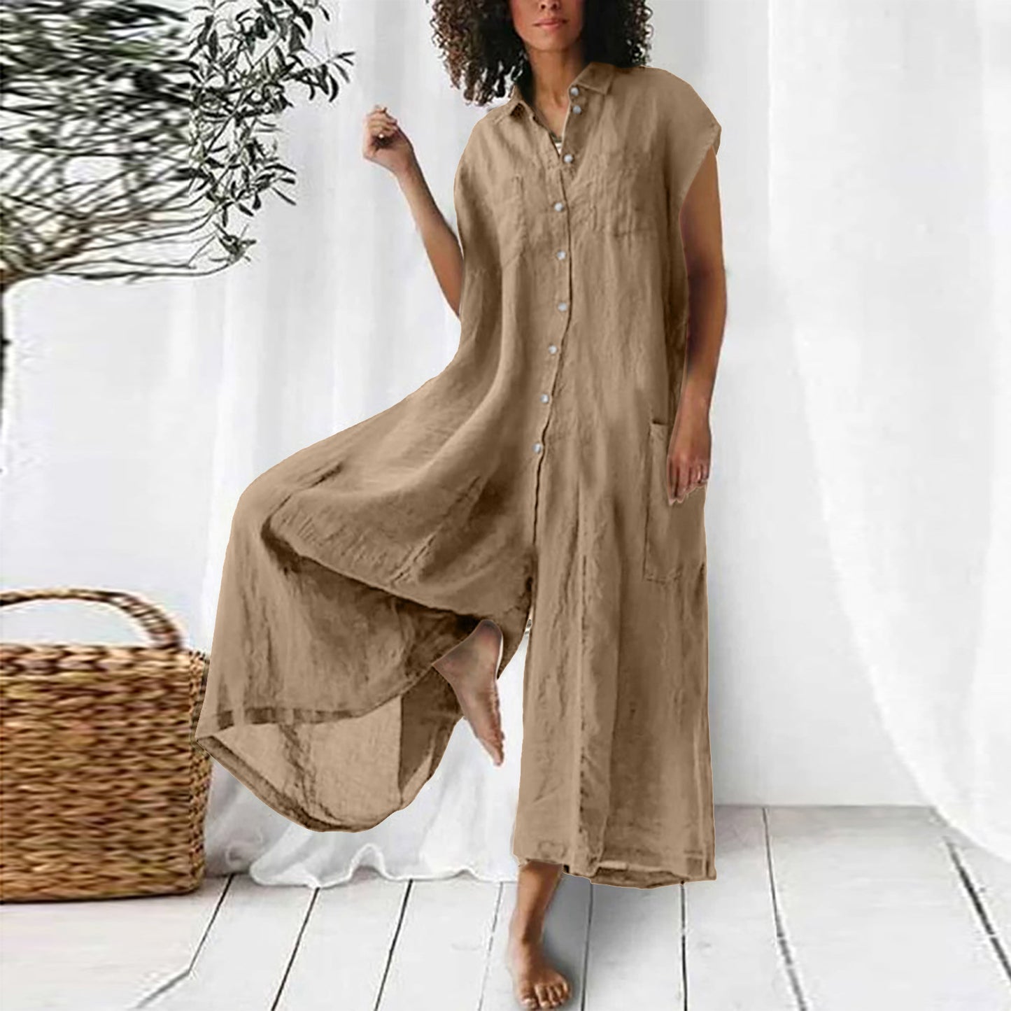 Casual Linen-Blend Jumpsuit