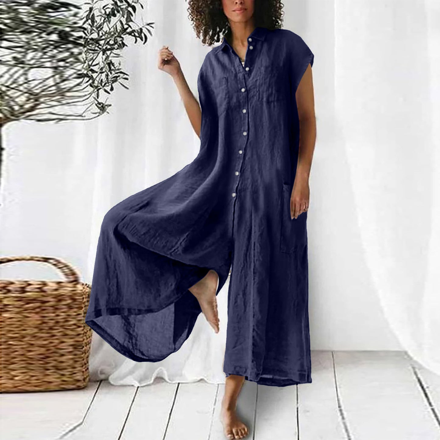 Casual Linen-Blend Jumpsuit