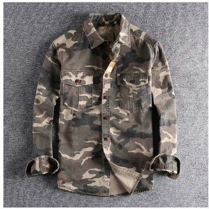 Washed Camouflage American Overalls Long Sleeve Shirt Men
