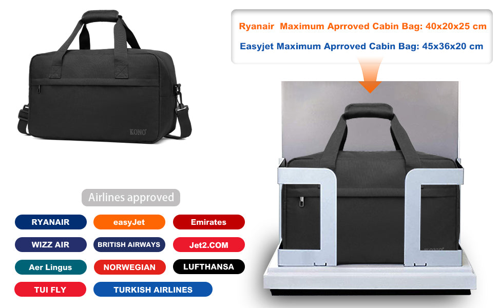 Kono 35x20x20 Cabin Bag Under Seat Ryanair Flight Carry On Bag Sports Travel Duffel Holdall Hand Luggage 14L Unisex