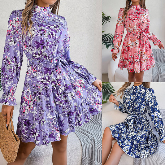 Floral Ruffle A-Line Dress with Standing Collar