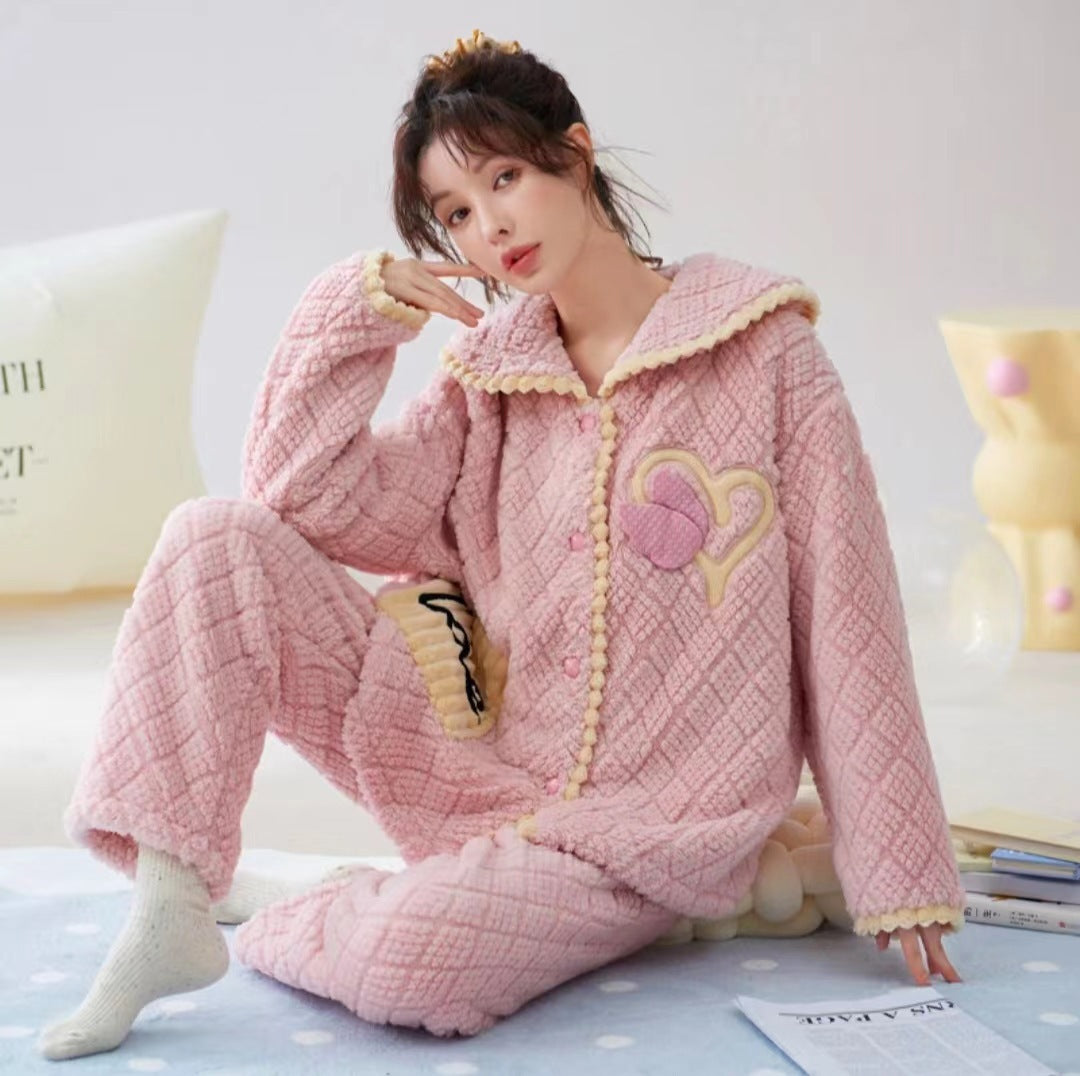 Thick Flannel Warm Loungewear Pajamas Suit