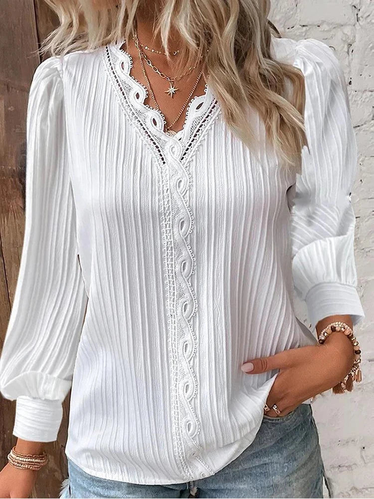 Lace Stitching V-neck Long Sleeve Chiffon Pullover Top