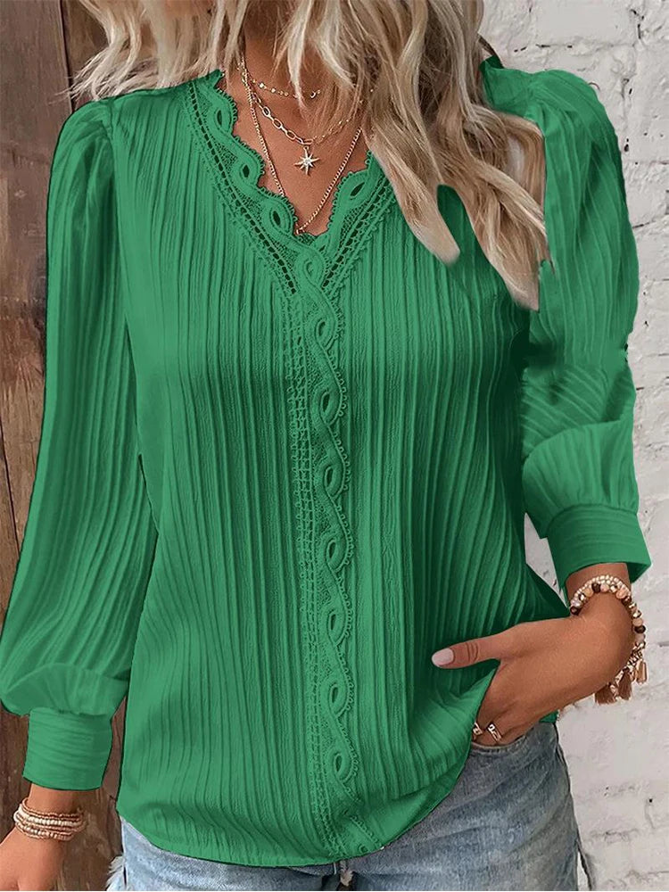 Lace Stitching V-neck Long Sleeve Chiffon Pullover Top