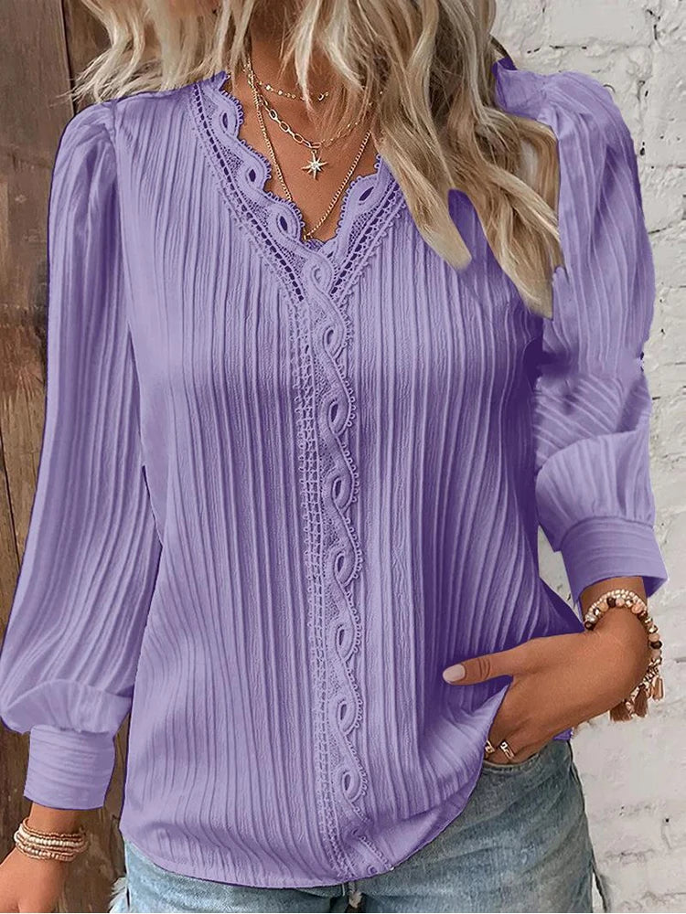 Lace Stitching V-neck Long Sleeve Chiffon Pullover Top