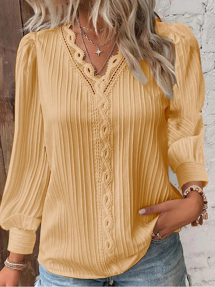 Lace Stitching V-neck Long Sleeve Chiffon Pullover Top