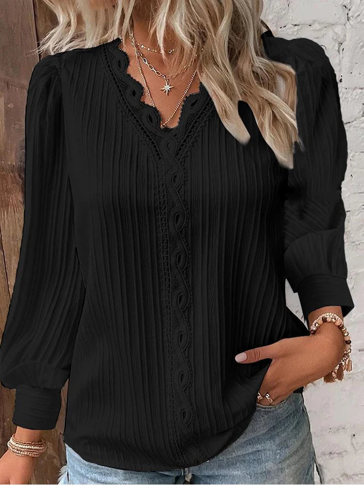 Lace Stitching V-neck Long Sleeve Chiffon Pullover Top