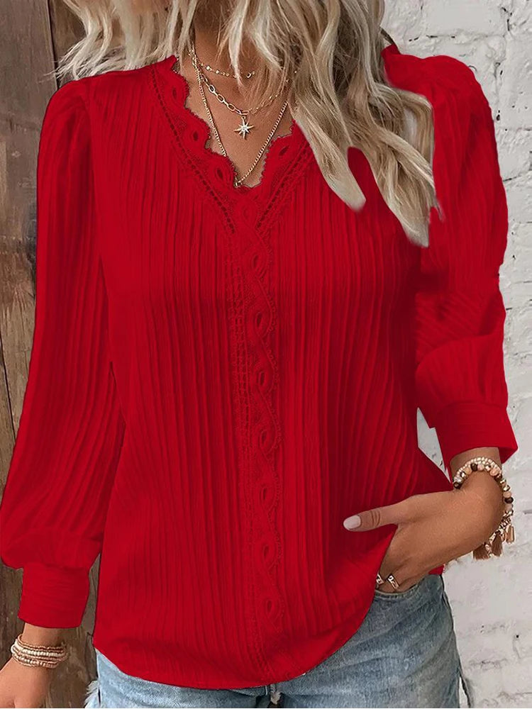 Lace Stitching V-neck Long Sleeve Chiffon Pullover Top