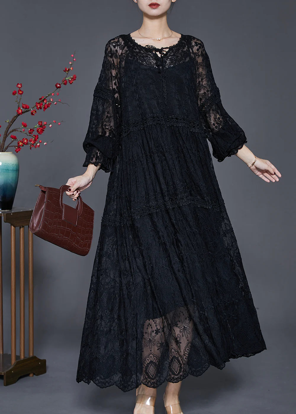 Black Hollow Out Lace Long Dress