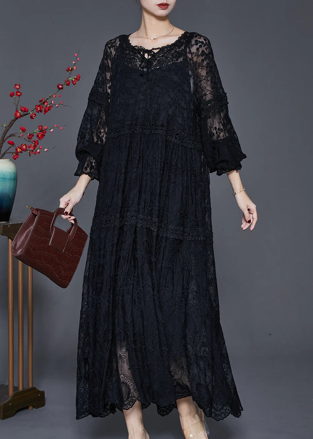 Black Hollow Out Lace Long Dress