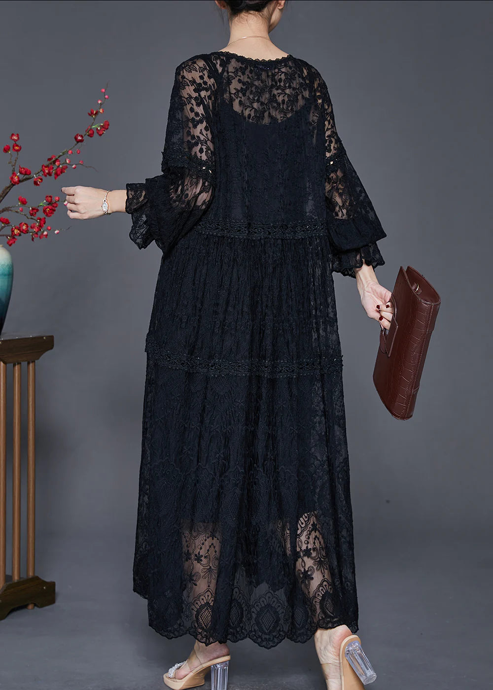 Black Hollow Out Lace Long Dress