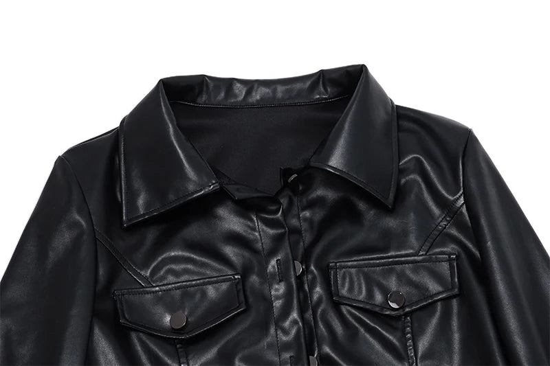 Faux Leather Short Jacket for Women PU Turn-Down Collar Grunge Streetwear Coat 
