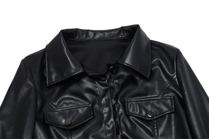 Faux Leather Short Jacket for Women PU Turn-Down Collar Grunge Streetwear Coat 
