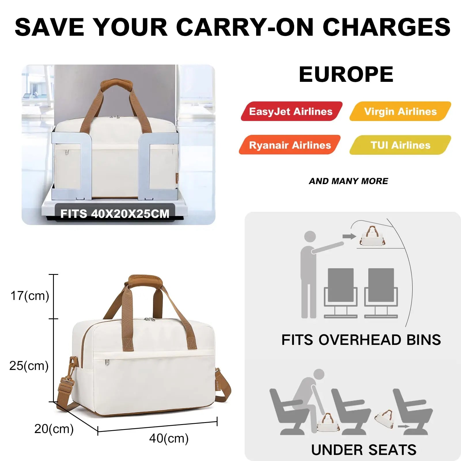 Kono Cabin Bag Ryanair Underseat 20L Duffel Bag For Traveling