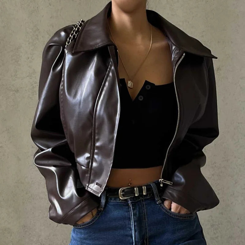 Faux Leather Short Jacket for Women PU Turn-Down Collar Grunge Streetwear Coat 

