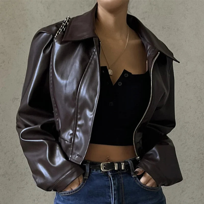 Faux Leather Short Jacket for Women PU Turn-Down Collar Grunge Streetwear Coat 
