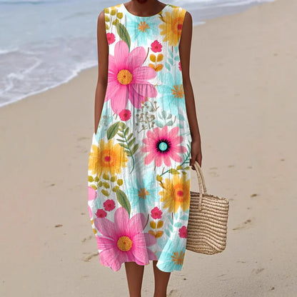 Floral Print Long Casual Loose Summer Dress with Round Neck For Women