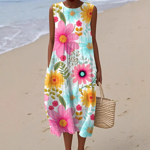 Floral Print Long Casual Loose Summer Dress with Round Neck For Women