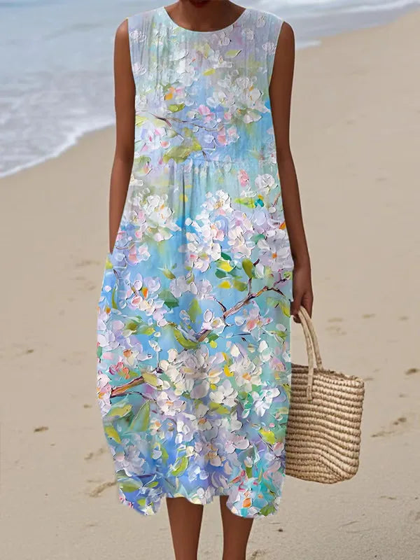 Floral Print Long Casual Loose Summer Dress with Round Neck For Women