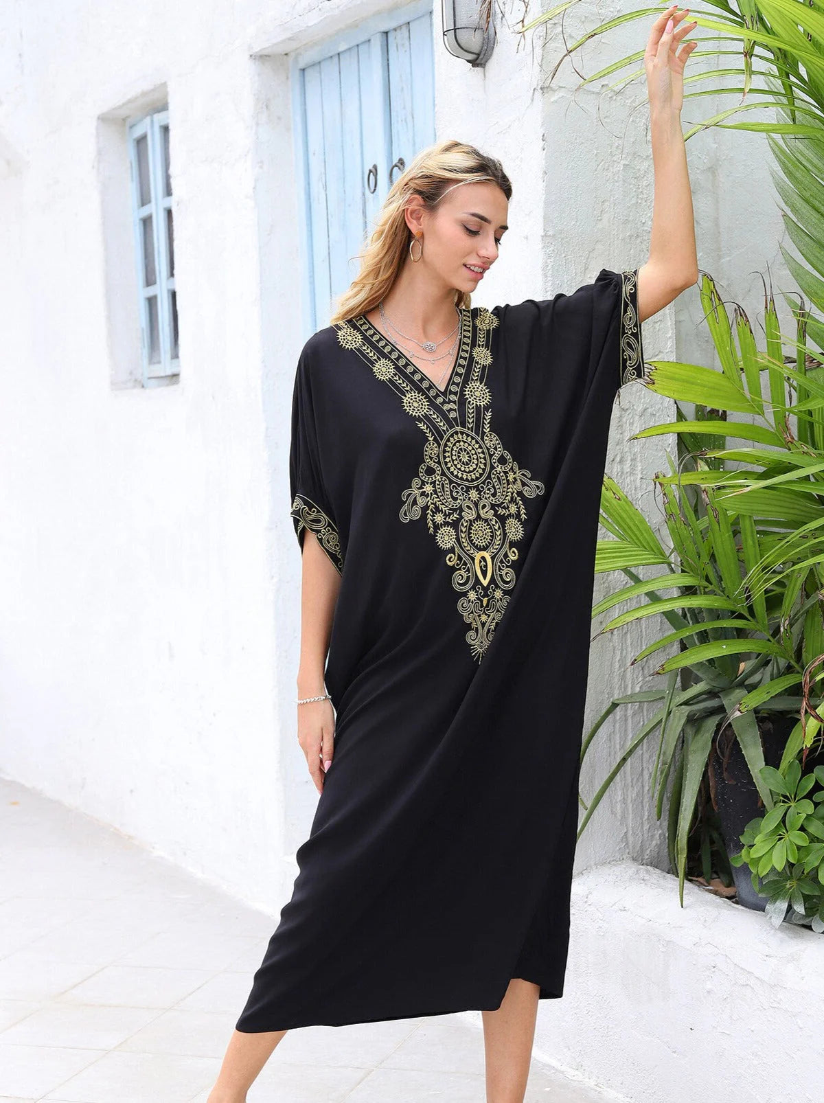 Fitshinling Embroidery Vintage Beach Long Dress