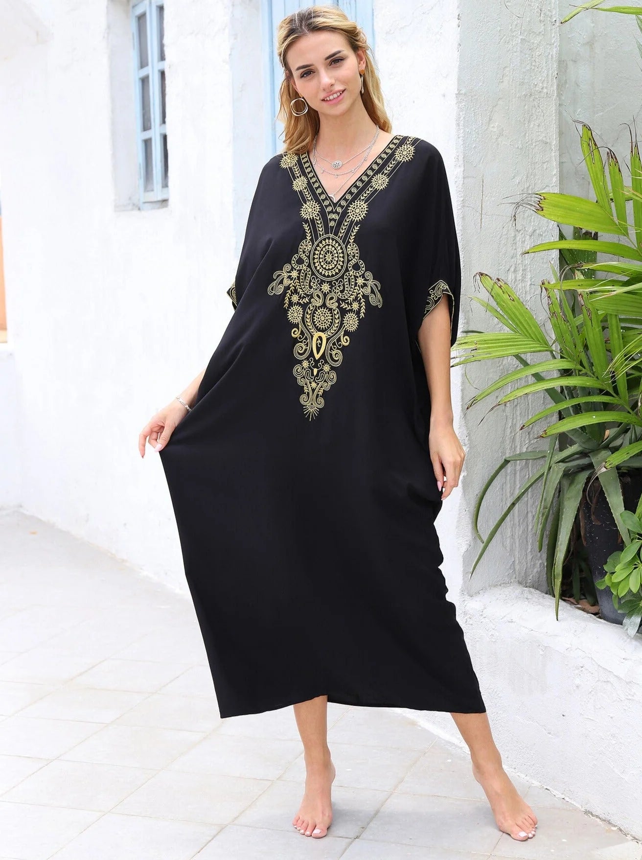 Fitshinling Embroidery Vintage Beach Long Dress