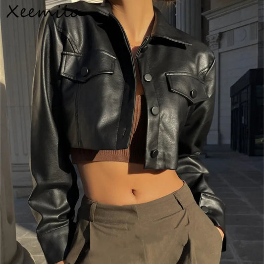 Faux Leather Short Jacket for Women PU Turn-Down Collar Grunge Streetwear Coat 

