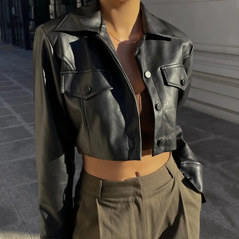 Faux Leather Short Jacket for Women PU Turn-Down Collar Grunge Streetwear Coat 
