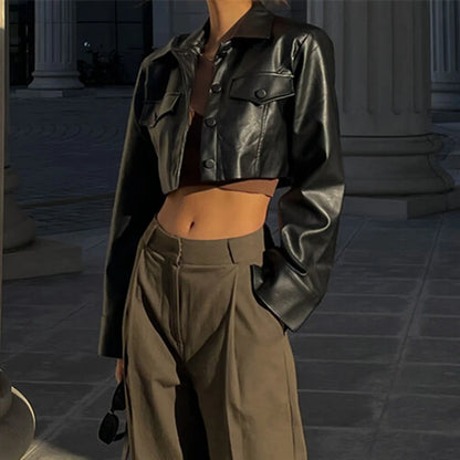 Faux Leather Short Jacket for Women PU Turn-Down Collar Grunge Streetwear Coat 
