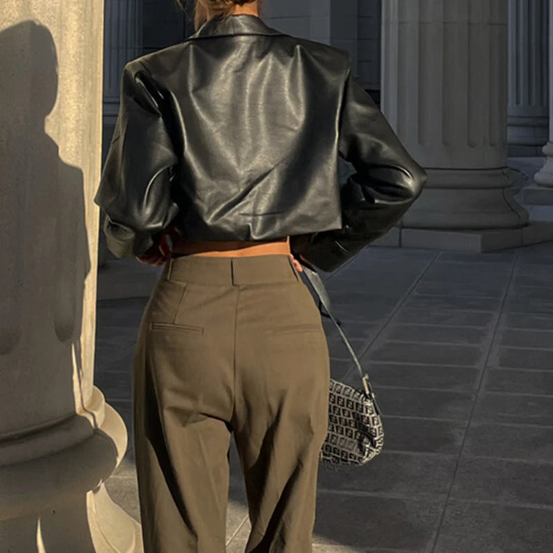 Faux Leather Short Jacket for Women PU Turn-Down Collar Grunge Streetwear Coat 
