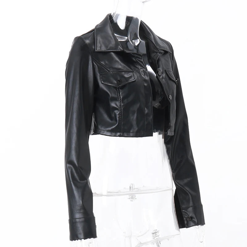 Faux Leather Short Jacket for Women PU Turn-Down Collar Grunge Streetwear Coat 
