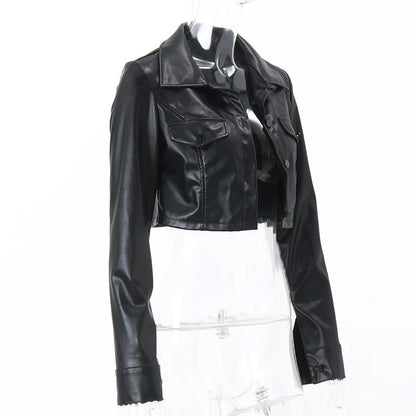 Faux Leather Short Jacket for Women PU Turn-Down Collar Grunge Streetwear Coat 
