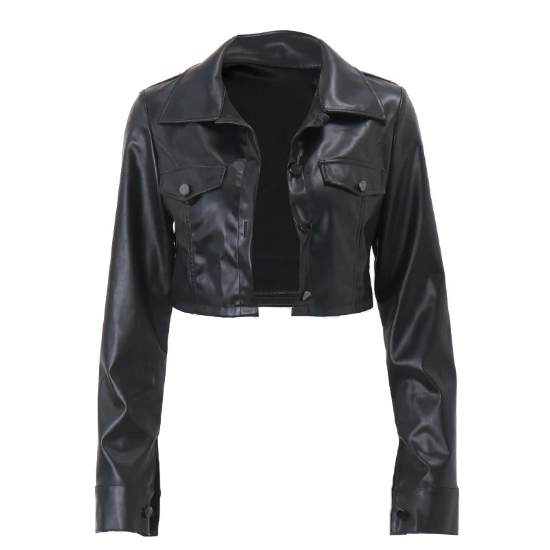 Faux Leather Short Jacket for Women PU Turn-Down Collar Grunge Streetwear Coat 
