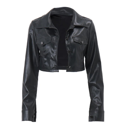 Faux Leather Short Jacket for Women PU Turn-Down Collar Grunge Streetwear Coat 
