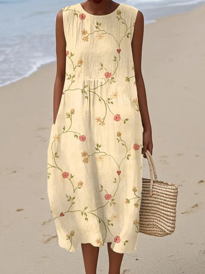 Floral Print Long Casual Loose Summer Dress with Round Neck For Women