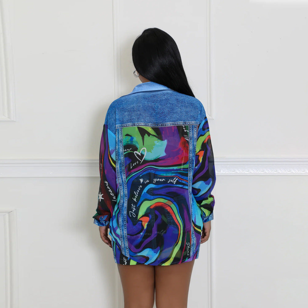 Denim Print Shirt & Slim Wrap Dress Set