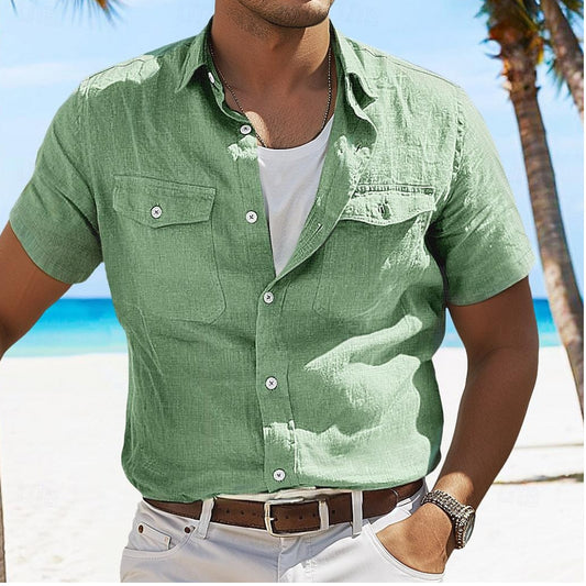 Men's Linen Summer Shirt - Solid Color Polo Collar