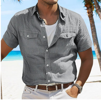 Men's Linen Summer Shirt - Solid Color Polo Collar