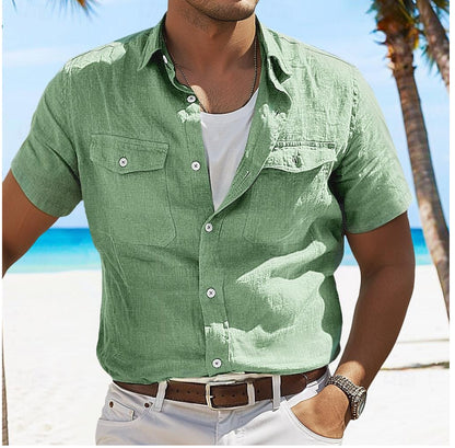 Men's Linen Summer Shirt - Solid Color Polo Collar