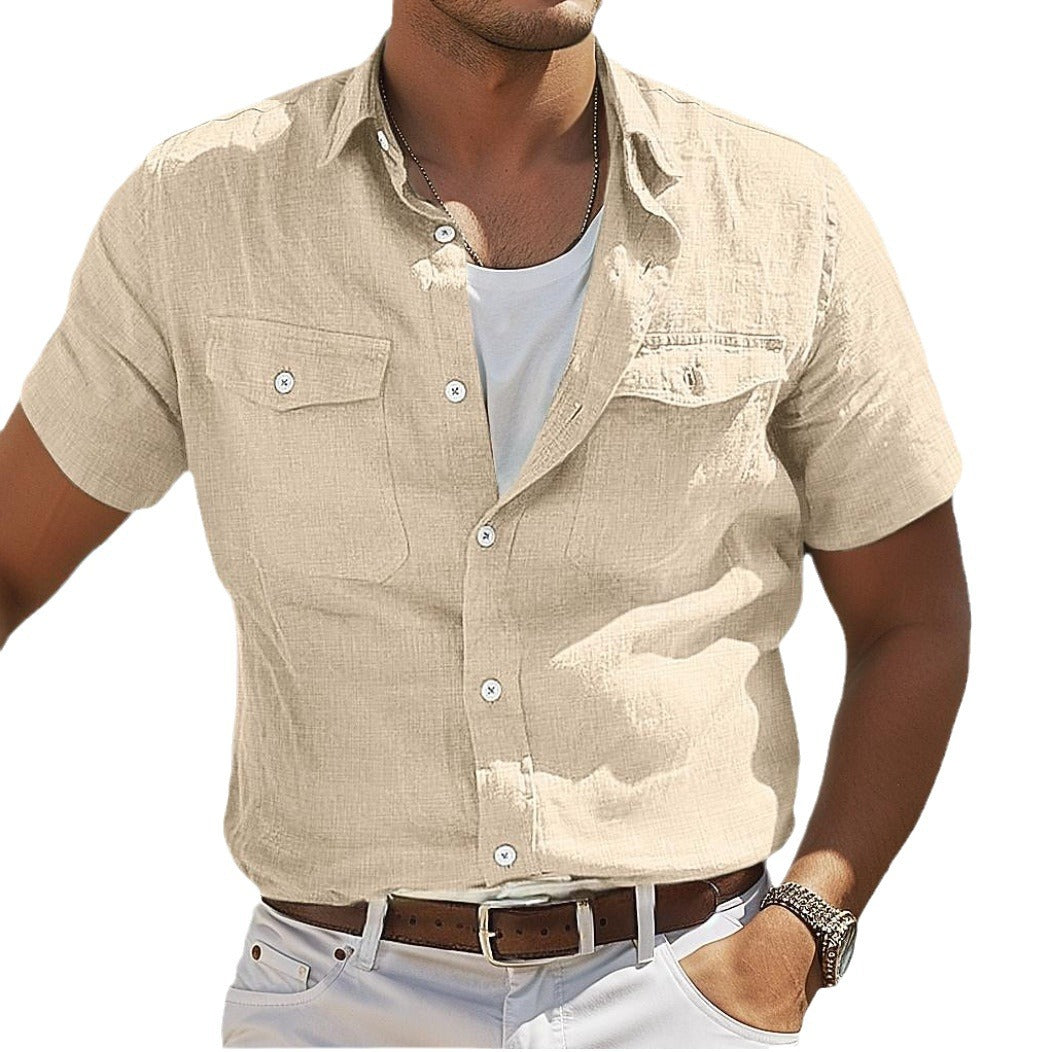 Men's Linen Summer Shirt - Solid Color Polo Collar